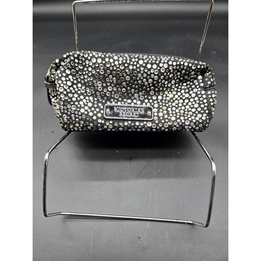 Victoria's Secret Rhinestone Makeup Bag Zipper Black Silver Cosmetic Pouch